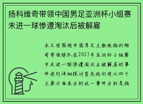 扬科维奇带领中国男足亚洲杯小组赛未进一球惨遭淘汰后被解雇